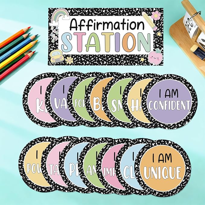 Composition Notebook Affirmation Station Bulletin Board Set Positive Bulletin Board for Classroom Mirror Growth Mindset Composition Inspirational Accent Color Cutouts for Home School Teacher Supply