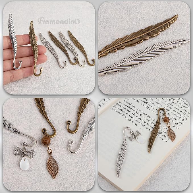 Framendino, 30 Pack Vintage Metal Feather Bookmarks Hairpin Hook Charms Pendant
