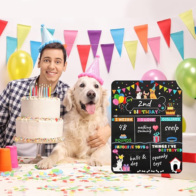 Tenare Dog Birthday Chalkboard Sign Pet Birthday Milestone Board Colorful Puppy Monthly Reusable Double Sided Doggy Chalkboard Sign for Photo Props Party Supplies Decoration 13.7 x 10 Inch