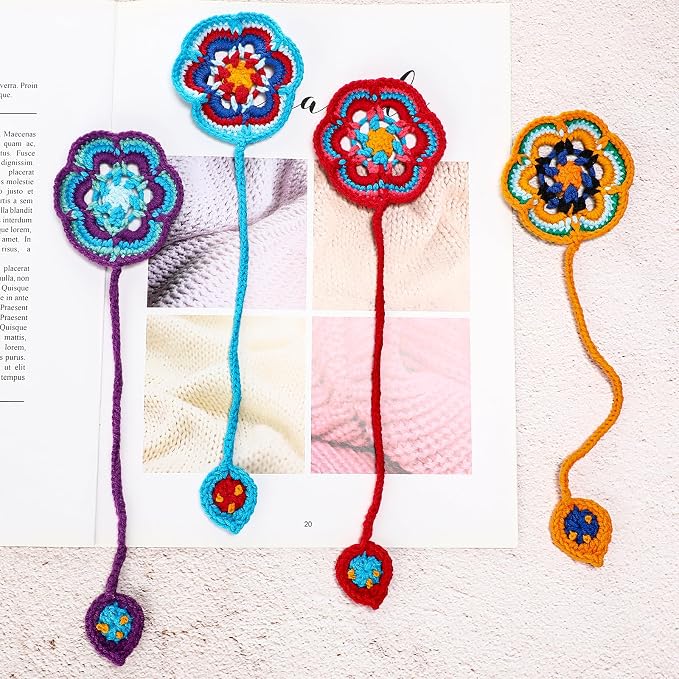 Harloon 4 Pieces Book Lover Gifts Flowers Crochet Bookmarks Handmade Knitted Book Marker Curtain Tiebacks Holdbacks Car Ornaments for Readers Writers Library(Classic)