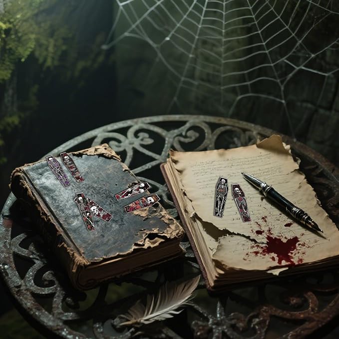 30 Pcs Gothic Skeleton Magnetic Bookmarks, Coffin-Shaped Rose and Skull Book Mark Clips for Book Lovers, Dark Romance Magnet Page Markers for Women Men, Halloween Bookish Gifts