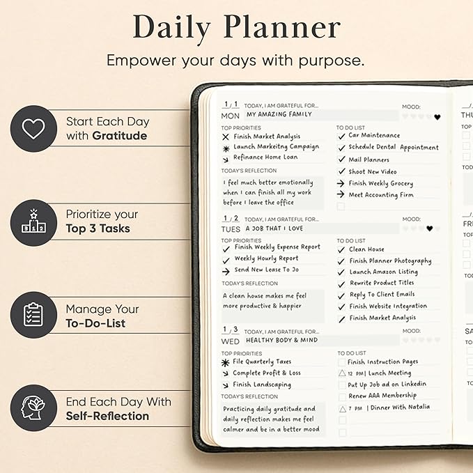 2026 Planner, Daily Journal & Gratitude Journal All-In-One with To Do List, Self Care Prompts & Habit Tracker - 7 x 10 - Black