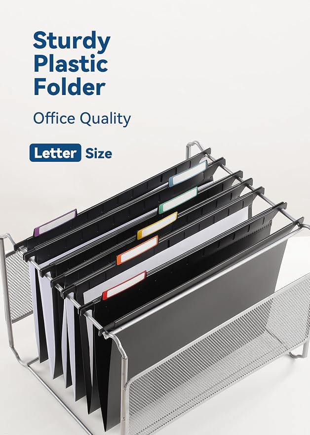 SortRax Plastic Hanging File Folders, Sturdy & Tear-Resistant, Letter Size, 12 Pack with Insertable 1/5-Cut Tabs, Black