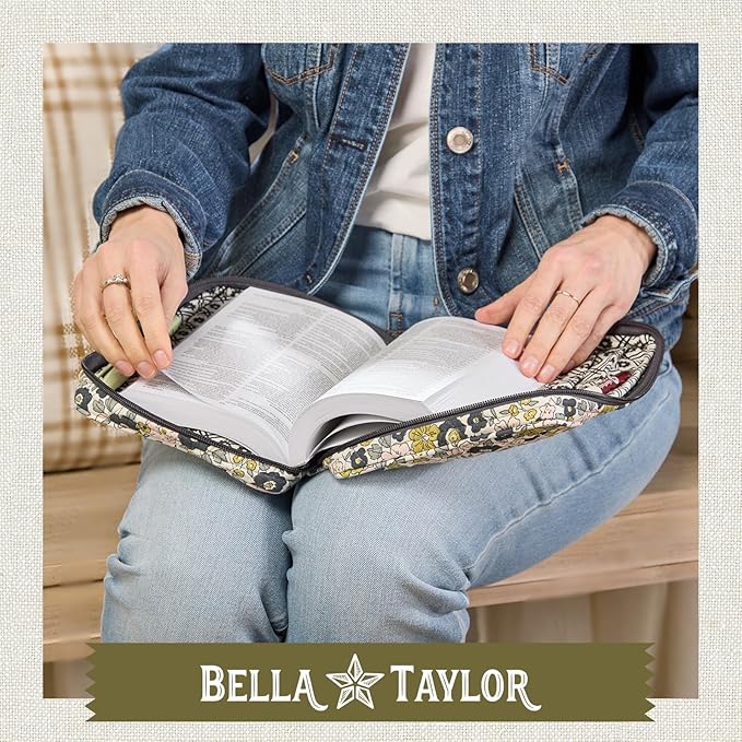 Bella Taylor Small Bible Cover for Women - Quilted Cotton Bible Case for 6 x 9 inch Books - Delicate Floral Charcoal