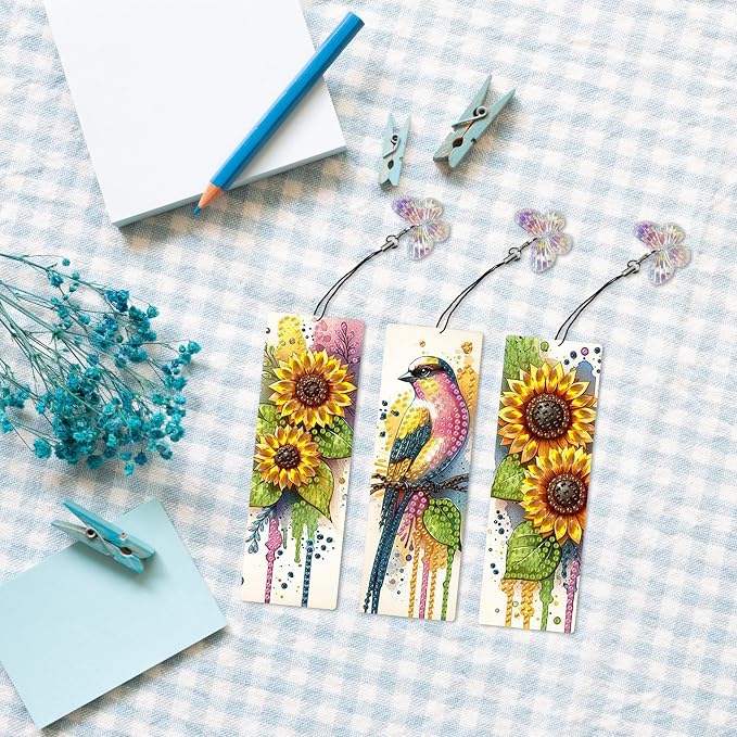 ARTopet 3Pcs DIY Diamond Art Painting Bookmarks with Colorful Butterfly Pendant PET Bookmark Ornament Double Sided Pattern Single Sided Diamond Book Marker Clip Gifts Tags-Sunflower Bird