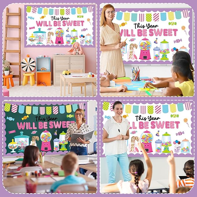 QOUBAI Candy Bulletin Board Set Sweet Theme Classroom Bulletin Board Decorations Pink Gumball Machine Cutouts Classroom Decorations for Back to School Office Home Chalkboard Decor Wall Door