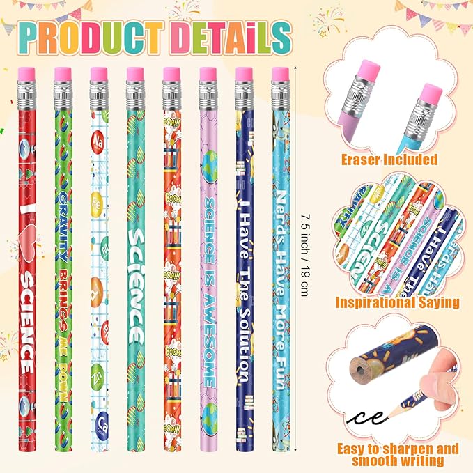 Nezyo 48 Pcs Science Pencils Bulk Lab Week Gifts 2026 Science Party Favors Cute Chemistry Pencils with Erasers and Motivational Sayings for Fun Scientist Theme Birthday Gifts Reward Teacher Supplies
