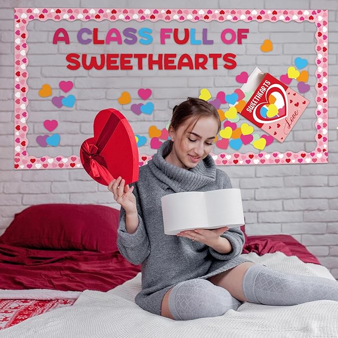 Gueevin 104 Pcs Valentine's Day Love Heart Bulletin Board Set 3D Sweetheart Box with Love Heart Stickers Decorations a Class Full of Sweethearts for Valentine's Office School Classroom Wall Decor