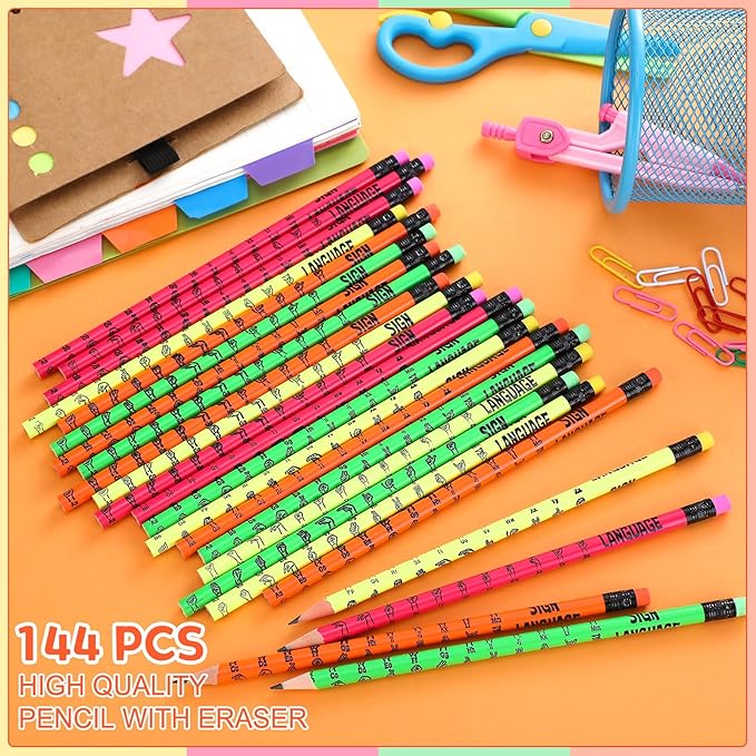 Affrolling 144 Pcs Sign Language Pencils Sign Language Gifts Colorful Wooden Pencil with Eraser Incentive Pencil for Learning Sign Language, 4 Colors