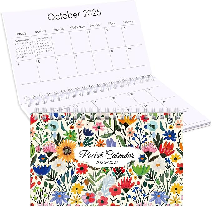 Phyxin Pocket Calendar 2026, Pocket Calendar - Runs from September 2025 Until December 2027, 2026-2027 Monthly Planner-4.2" x 6.5", Pocket Planner 2026 with Coil for School Office Supplies, Flowers