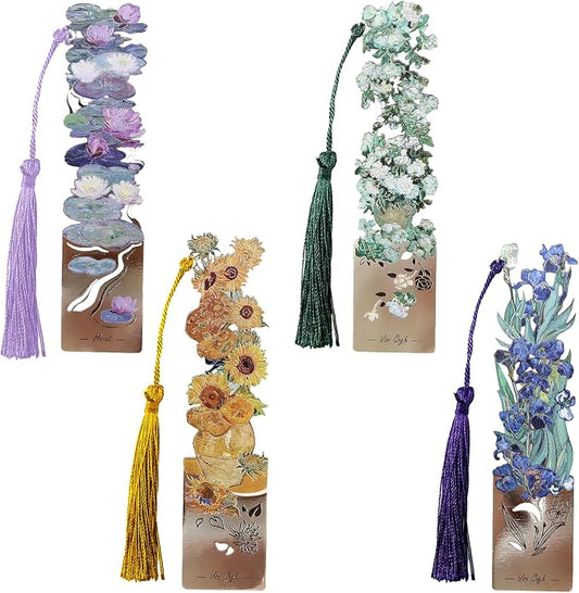 4 PCS Metal Bookmarks with Tassel, Retro Flower Oil Painting Bookmarks for Women (BKM-046-005-F4)