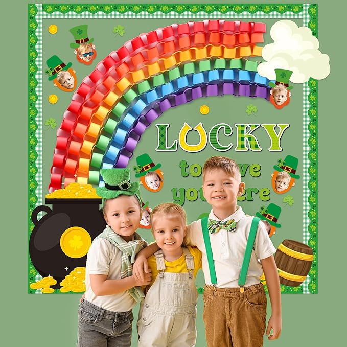 St. Patrick's Day Bulletin Board Classroom Decorations Shamrock 3D Rainbow Gold Coin Cutouts DIY Craft Photos Bulletin Board for Teacher Nursery Classroom Door Wall Decor St. Patrick Party Supplies