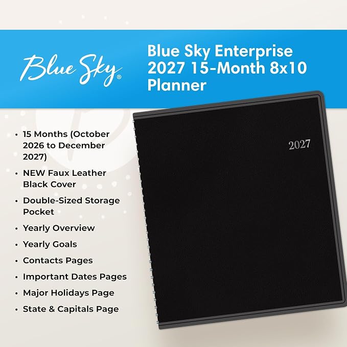Blue Sky 2027 15-Month Monthly Planner Calendar, October 2026 - December 2027, 8” x 10”, Durable Faux Leather Cover, Laminated Tabs, Concealed Wirebound, Storage Pocket, Enterprise