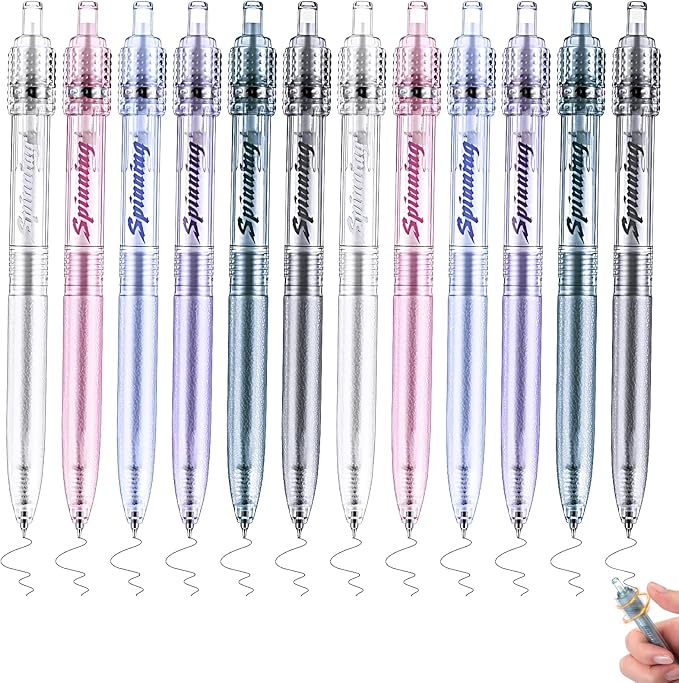 Crtiin 12 Pcs Fidget Spinner Pens for Adults Black Ink Gel Pens with Fidget Ball Stress Relief Pen Spinning Pen for Office Supplies Journaling (Cylinder,Clear)