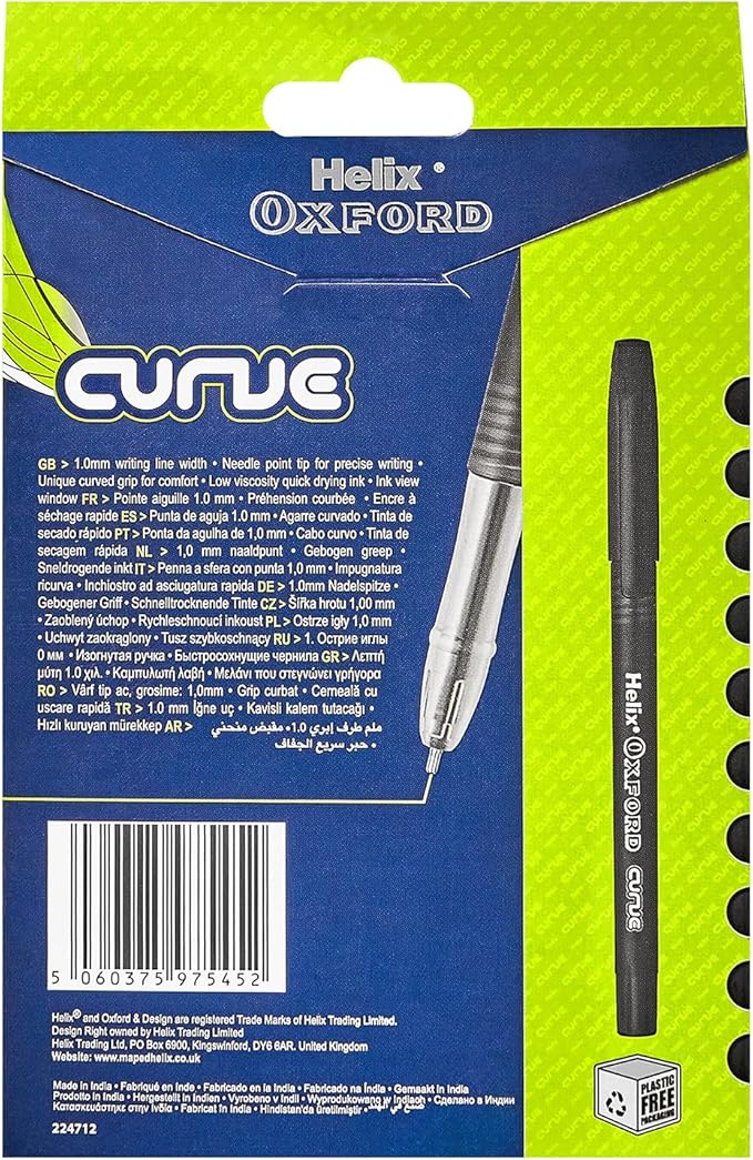 Helix Oxford Curve Ballpoint Pens (x10 Pack Black Ink) with Plastic Free Packaging