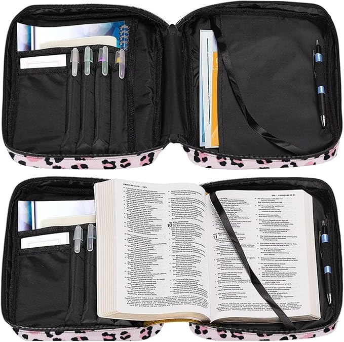 Leopard Pink Pattern Bible Covers for Women & Men, Bible Case and Organizer Bible Carrying Case with Zippered Pocket Bible Protective Bag