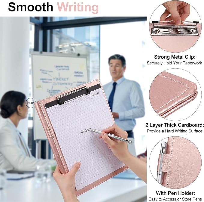 Padfolio with Clipboard, PU Leather Business Portfolio Binder, Interview Resume Folder with Card Holder, A4 Letter Document Organizer Included Writing Note Pad for School Office Conference (Rose Gold)
