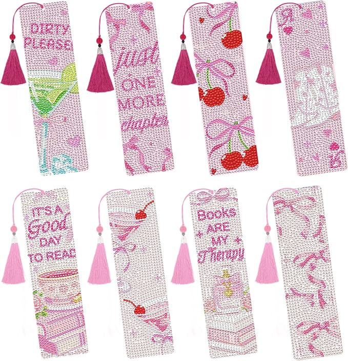 Bow Diamond Art Painting Bookmarks - 8 Pcs DIY Aesthetic Diamond Art Kits with Tassel Coquettte Cherry Cocktail Gem Art Craft Holiday Christmas Gift for Girly Reading Lover Beginners