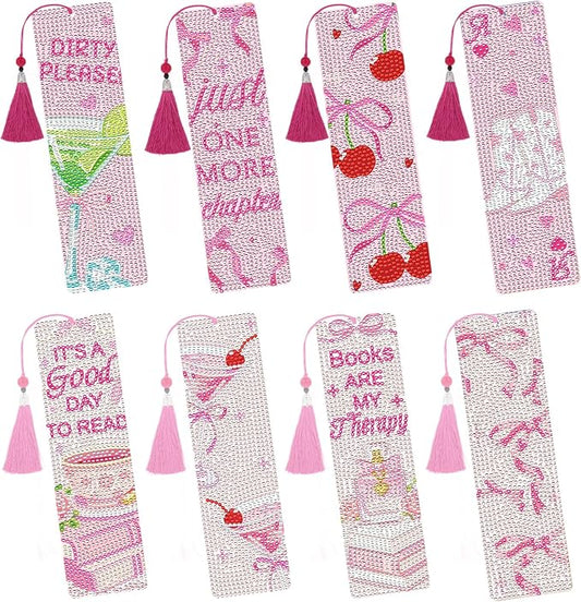 Bow Diamond Art Painting Bookmarks - 8 Pcs DIY Aesthetic Diamond Art Kits with Tassel Coquettte Cherry Cocktail Gem Art Craft Holiday Christmas Gift for Girly Reading Lover Beginners