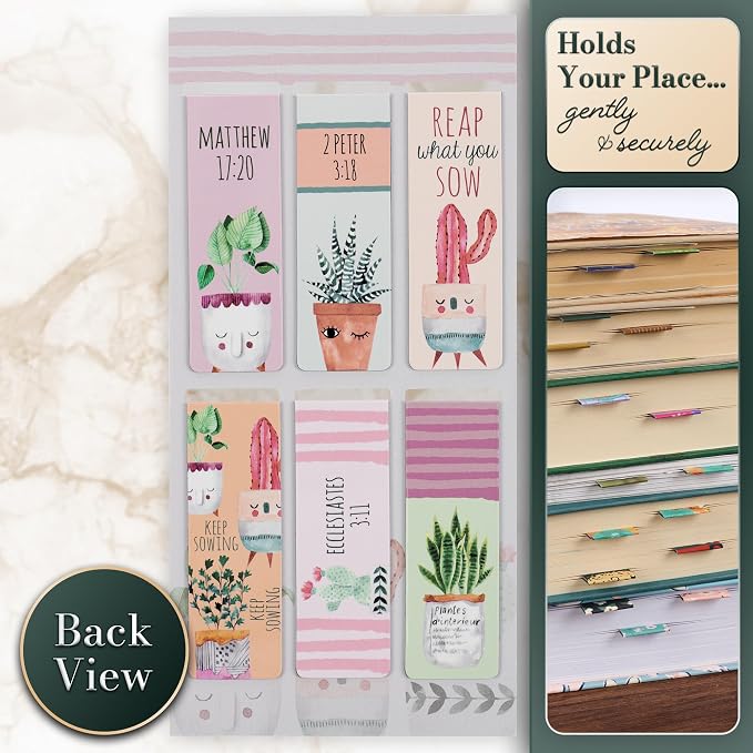 Christian Art Gifts Magnetic Scripture Bookmark Set for Women: Grow in Grace -2 Peter 3:18 Inspirational Succulent Garden Magnetic Bible Verse Pagemarker Set of 6 for Bibles and Books Size 2.3” x 0.8”