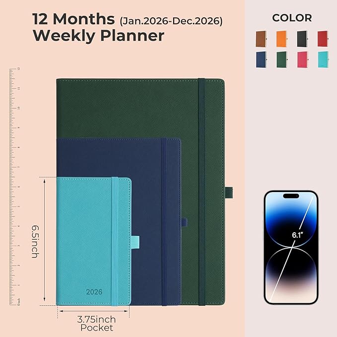 Weekly Monthly 2026 Planner (Jan.26-Dec.26),6.5"x3.75",12 Months Agenda Plan with Month Tabs & Pocket,Expenses/Note Pages, Appointment Book Calendar with Vegan Leather Cover,Light Blue