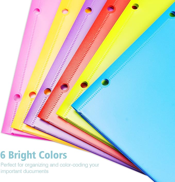 Heavy Duty Plastic Folder with Clear Front Pocket and 3 Holes- 6 Pack, Assorted Colors 3 Hole Punched Folder for 3 Ring Binders,2 Pocket Folders with Card Slot for Letter Size Paper