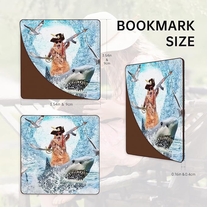 2 Pack Funny Cat and Shark Leather Book Corner Bookmark, Durable Handmade Reading Accessories - Gifts for Readers, Women, Men, Teachers, Students 2