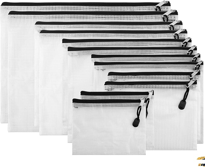 12 Pieces Black Zipper Pouch Zipper File Bags Mesh File Folders with Grid Travel Pouch, 6 Sizes