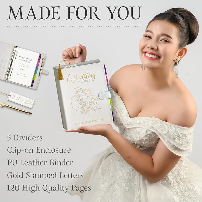 Future Mrs. Wedding Planner Book – White PU Leather with Gold Stamped Cover – Includes Gold Heart Pen & Bookmark – 7.25” x 9” Bridal Organizer for Budget, Guests, Vendors, Honeymoon & Wedding Day