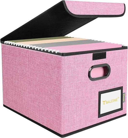 BALEINE File Organizer Box with Lid, Collapsible File Folder Organizer with Plastic Slide, Hanging File Folder Box for Office Document Storage (1 Pack, Pink)