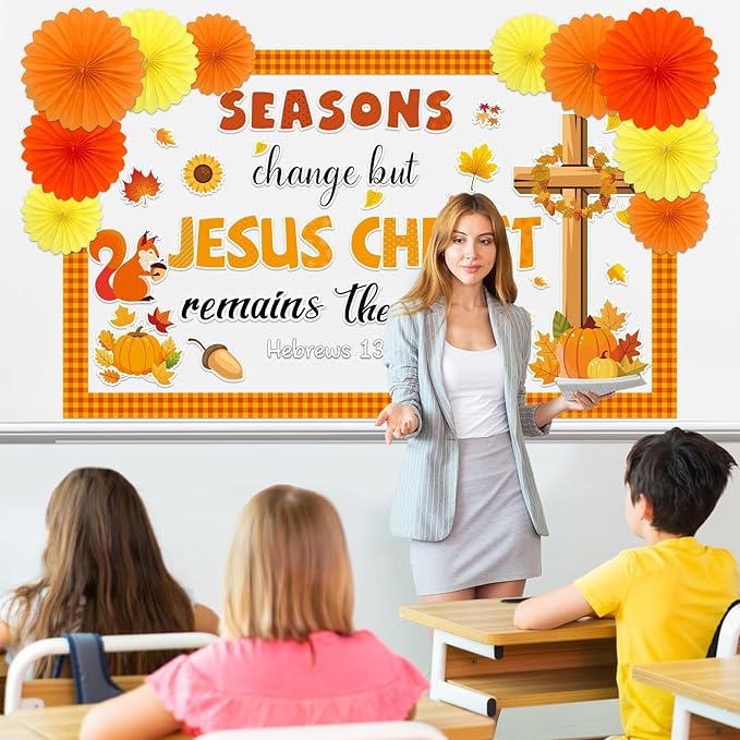 Fall Jesus Christian Bulletin Board Decorations Set with 3D Tissue Paper Flower Fall Thanksgiving Classroom Bulletin Board Border Autumn Maple Leaves Pumpkins Cutouts for Library Chalkboard Supplies