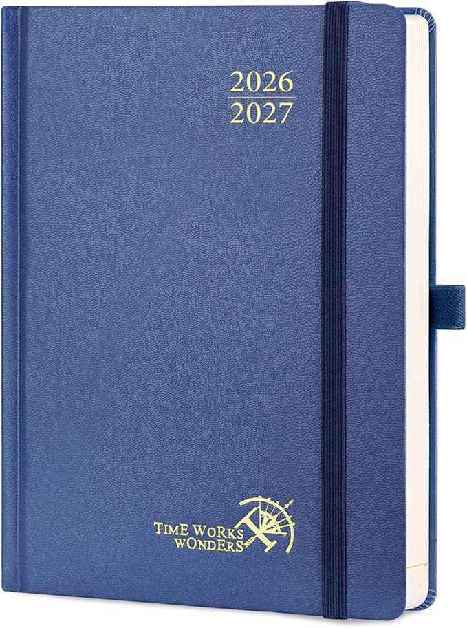 POPRUN 2026-2027 Daily Planner One Page Per Day (Medium - 5.75" x 8.5") - Academic Calendar Book(July 2026 - June 2027), 2026 Day Appointment Book with Pen Holder, Hardcover - Navy Blue