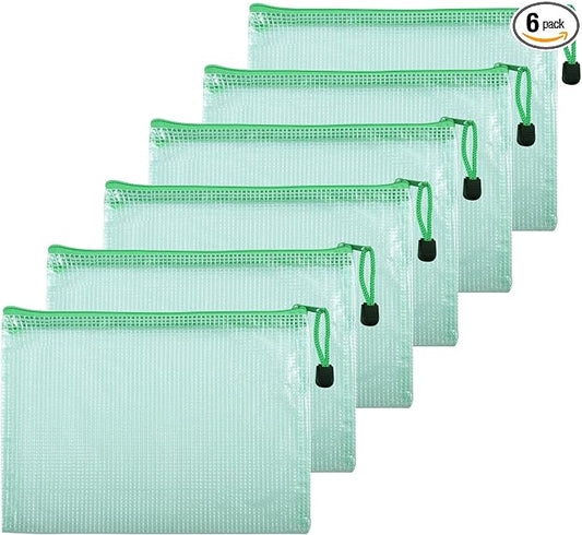 6 Pcs 4.72" x 6.3" A6 Sizes Mesh Zipper Pouch Bags, Mesh Bags with Zipper，Waterproof Clear Document Pouch for Organization Puzzles Travel, Office, Classroom Organization, A6 Green