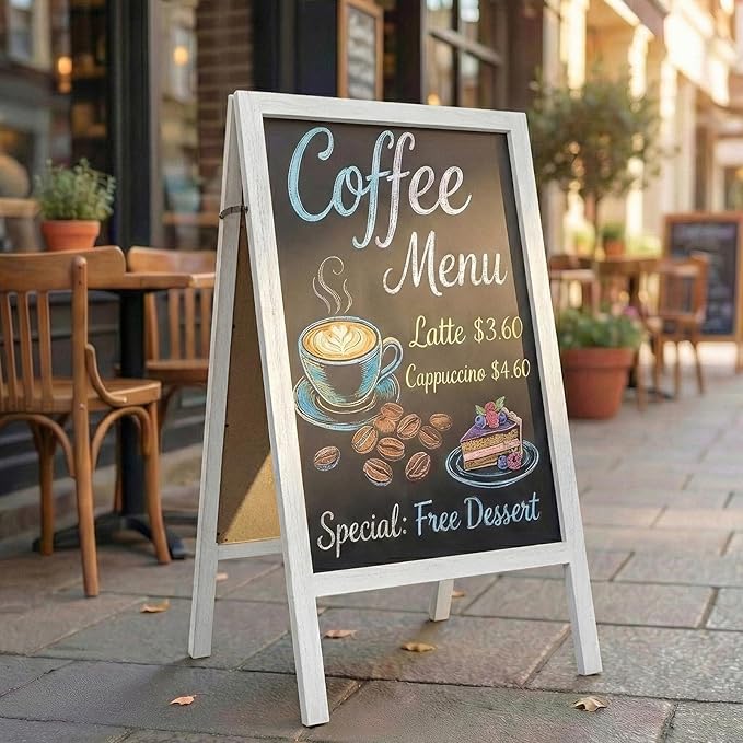 TEAKMAMA Extra Large Wooden 40x22 Chalkboard, Double-Sided Sidewalk A Frame Chalkboard Sign, Sturdy Sandwich Board for Restaurant, Business or Wedding,White