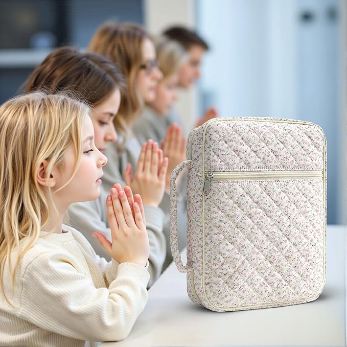 WOBAGMEN Bible Cover Case for Women,Large Bible Tote Bags Organizer Quilted Carrying Case for Girls,Bible Study Supplies Accessories Christian Gifts for Women (Pink Floral, L)