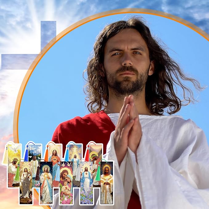 Sinload 10 Pcs Jesus Diamond Art Bookmarks Catholic Diamond Painting Bookmark with Tassels Jesus Diamonds Painting Book Mark Catholic Gifts DIY Religious Acrylic Book Mark for Church Supplies