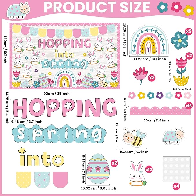 Spring Easter Bunny Bulletin Board Set Hopping Into Spring Classroom Decor Easter Egg Flowers Rainbow Writable Rabbit Cutouts April Bulletin Board for Back to School Party Home Office Chalkboard Decor
