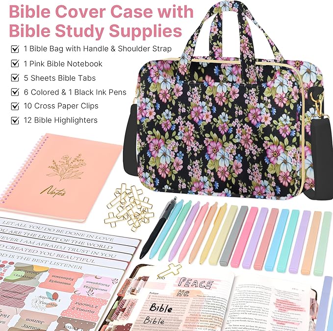 PUGPIU Bible Cover Case for Women, Large Quilted Bible Bag with Shoulder Strap and Handle, Bible Study Supplies Journaling Kit with Highlighters Pens No Bleed Tabs Notebook Cross Clips (Floral)