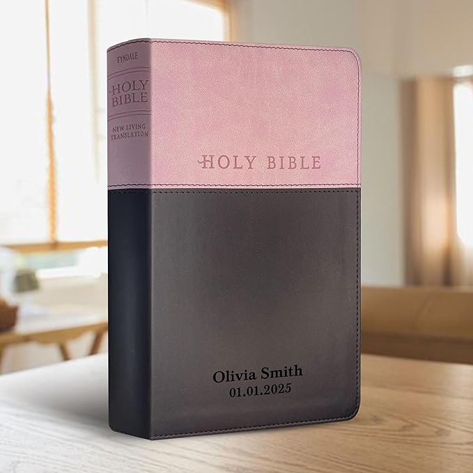 Personalized NLT Bible New Living Translation Faux Leather Holy Bible with Custom Name and Text, Small Print with Red-Highlighted Verses | Custom Gift for Religious Celebrations | Pink/Brown