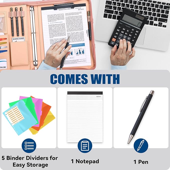 Padfolio Portfolio Binder with Handle, 3-Ring Folder Organizer, Vegan Leather Portfolio with Notepad Includes 5 Dividers with 10 Pockets for Documents Filesfor Documents Files and 1 Pen