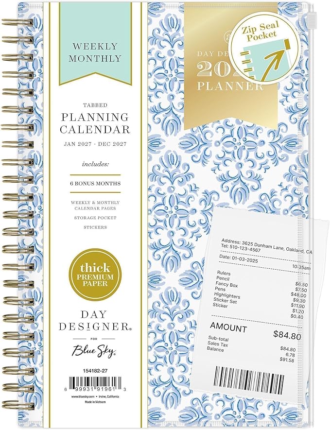 Blue Sky Day Designer 2027 Weekly and Monthly Planner Calendar, January 2027 - December 2027, 5" x 8", Flexible Cover With Zip Pouch, Durable Twin Wire Binding, Includes Stickers, Serenity Tile Blue