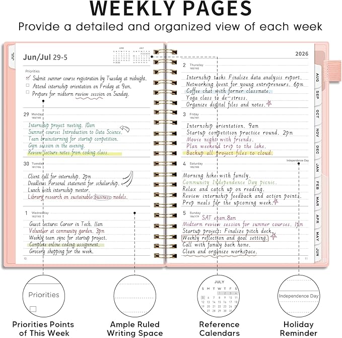 AHGXG Academic Planner 2026-2027, July 2026 - June 2027, Weekly and Monthly, 8.5" x 11", Calendar, Agenda for Women, Teacher, Student, School, 12-Month Tabs (Pink)
