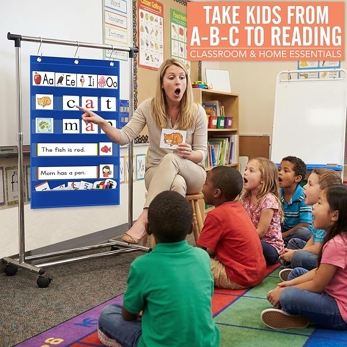 Pocket Chart for Classroom - 5+1 Small Blue Pocket Chart for Alphabet Learning Word Wall Calendar Daily Schedule Sentence Strips Sticker Display, Teacher Supplies for Preschool Kindergarten & Home