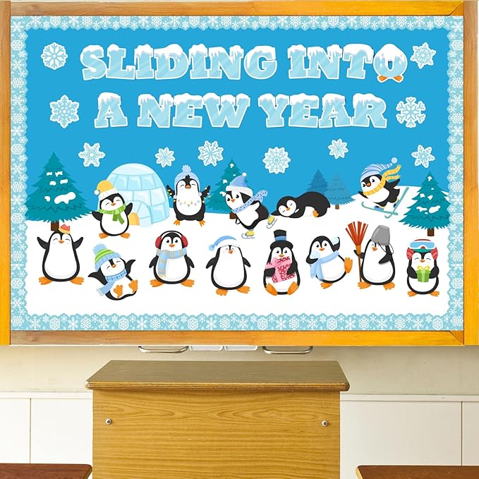 Winter Bulletin Board Set Snow Penguin Wonderland Classroom Decorations Winter Sliding Into A New Year Penguin Paper Cutouts for Holiday School Wall Decor