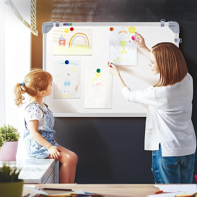 (Magnetic) 2X3 Feet White Board with (Marker, Duster and Magnets) Ideal Use for Home, Office, Kids with Sliding Hanging Clips, Robust Aluminum Frame and Smooth Melamine Surface (89X59 cms)
