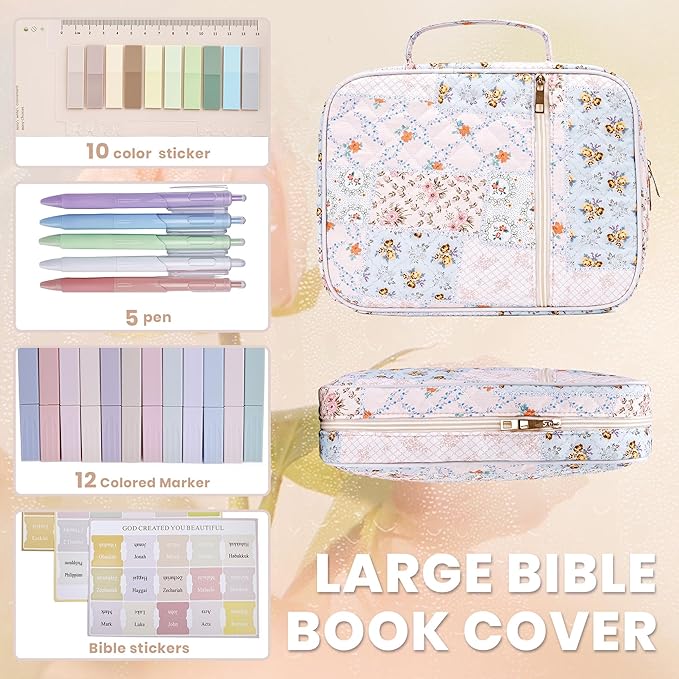 Large Bible Cover for Women, Durable Quilted Tote Bag with Handles, Bible Carry Case for Girls, Bible Study Supplies Accessories（Quilted）