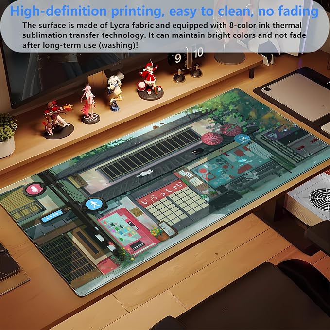 Kawaii Anime Cat Gaming Desk Mat Pad, Vibrant Green, XL 31.5"x15.7" | Mouse & Keyboard Pad, Stitched Edge, For Home Office & Computer Gaming Setup