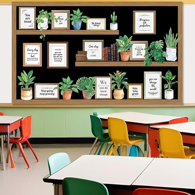 GOLDGAO Bookshelf Bulletin Board Set Back to School Plant Motivational Classroom Decoration Reading Poster Potted Plant Back to School Cutouts for Library Office Chalkboard Wall Door Decor Supply