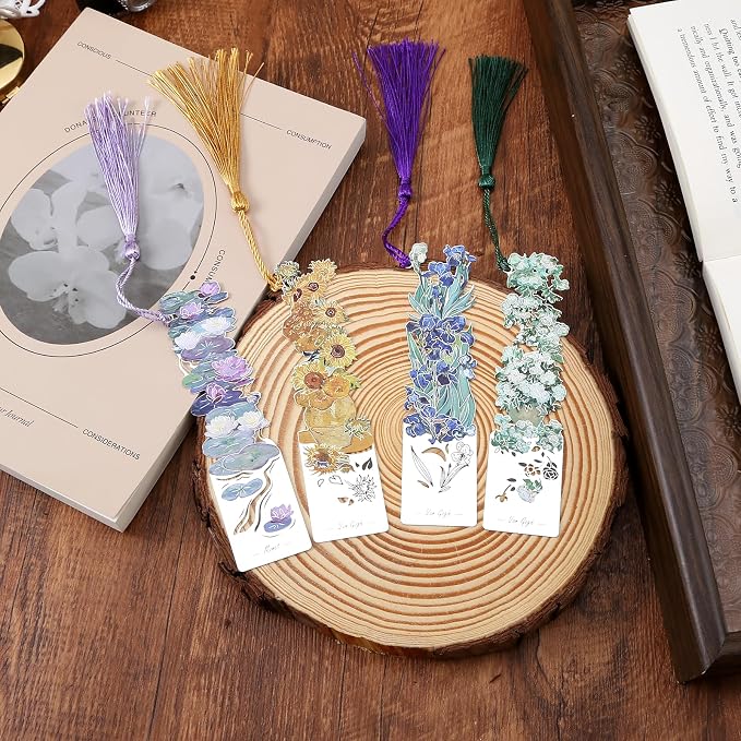 4 PCS Metal Bookmarks with Tassel, Retro Flower Oil Painting Bookmarks for Women (BKM-046-005-F4)