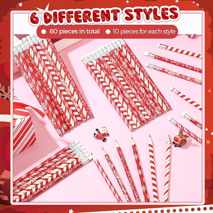 Watersay 60 Pcs Christmas Pencils with Eraser Xmas Wood Pencils Bulk Stationery Pencil Reward Christmas Party Supplies(Candy Cane)